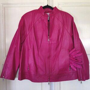 JL Studio Vintage Leather Moto Jacket in Hot Pink w/Matching Gloves, Sz 14W, EUC